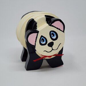Handmade Wooden Panda Figure Black White Red Bow Cute Face 4.75" Tall